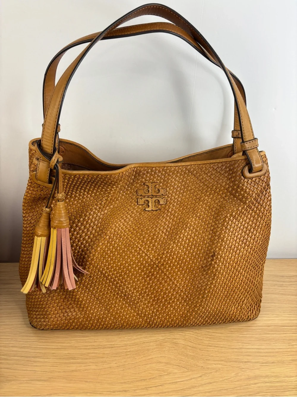 Tory Burch Thea Woven Cognac Leather Tote Bag With Tassels